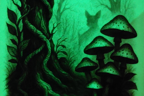 Glowing green forest scene with mushrooms and tree roots